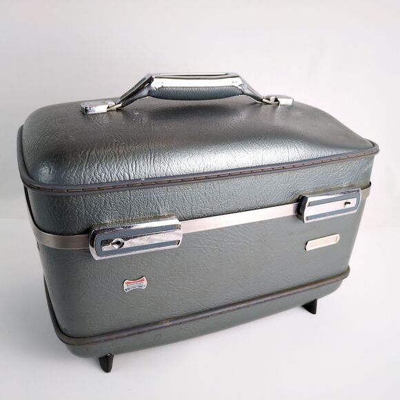 Vintage 60s American Tourister Gray-Blue Metallic Train Case Luggage Chrome Dent - Picture 1 of 11